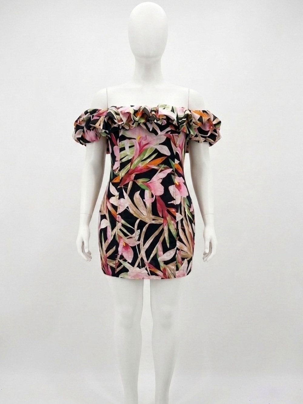 H&M Off-Shoulder Linen Floral Tropical Mini Dress in Black, Pink and Green XL